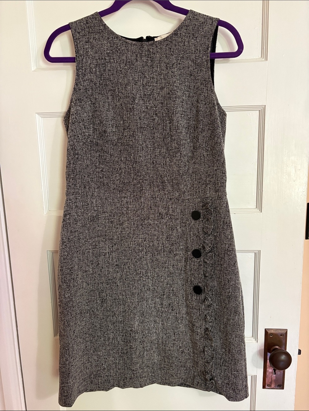 Loft, Size 8, Sleeveless Gray Textured Knee Length Dress with Side Button Detail